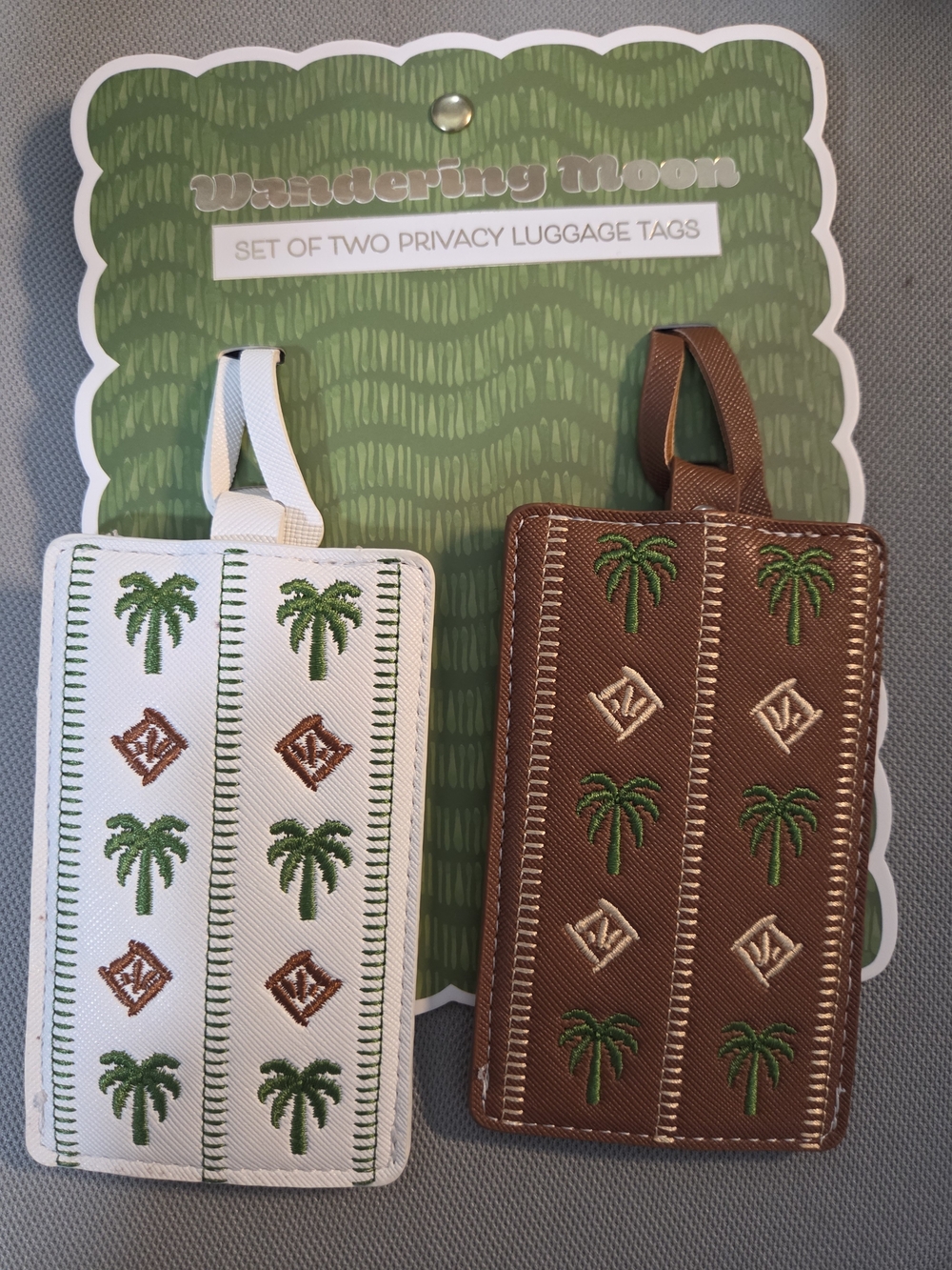 Palm Embroidered Privacy Luggage Tags - White & Brown Set